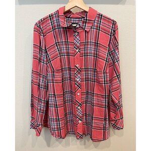 Talbots Women's Button Up Collared Shirt Size 1X Plaid Tunic Long Sleeves Pink